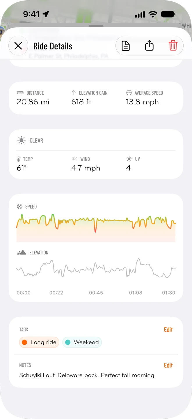 Speed and elevation charts for a ride, with its tags and notes.