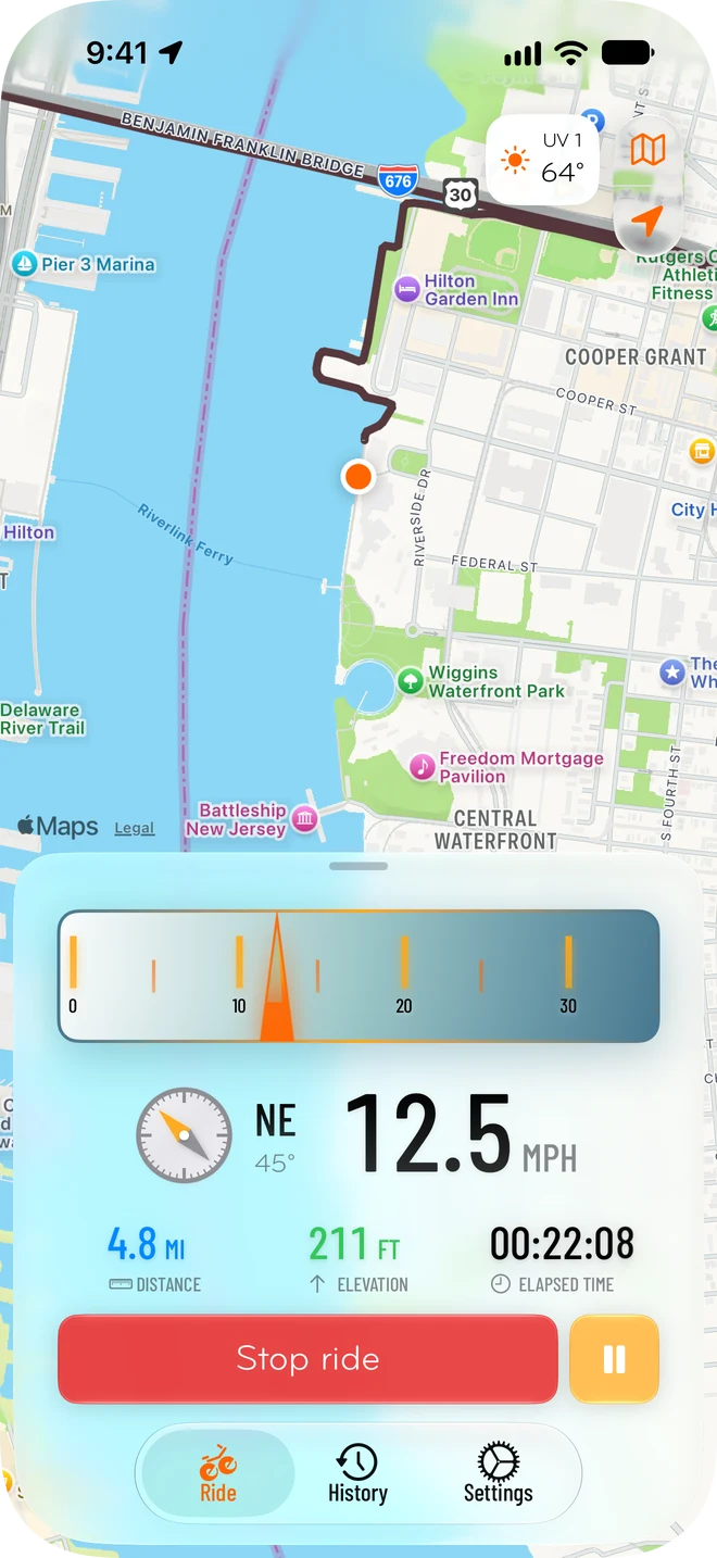 A ride in progress in Wheelie: the route on a full-screen map, with speed, compass, distance, elevation and time below.