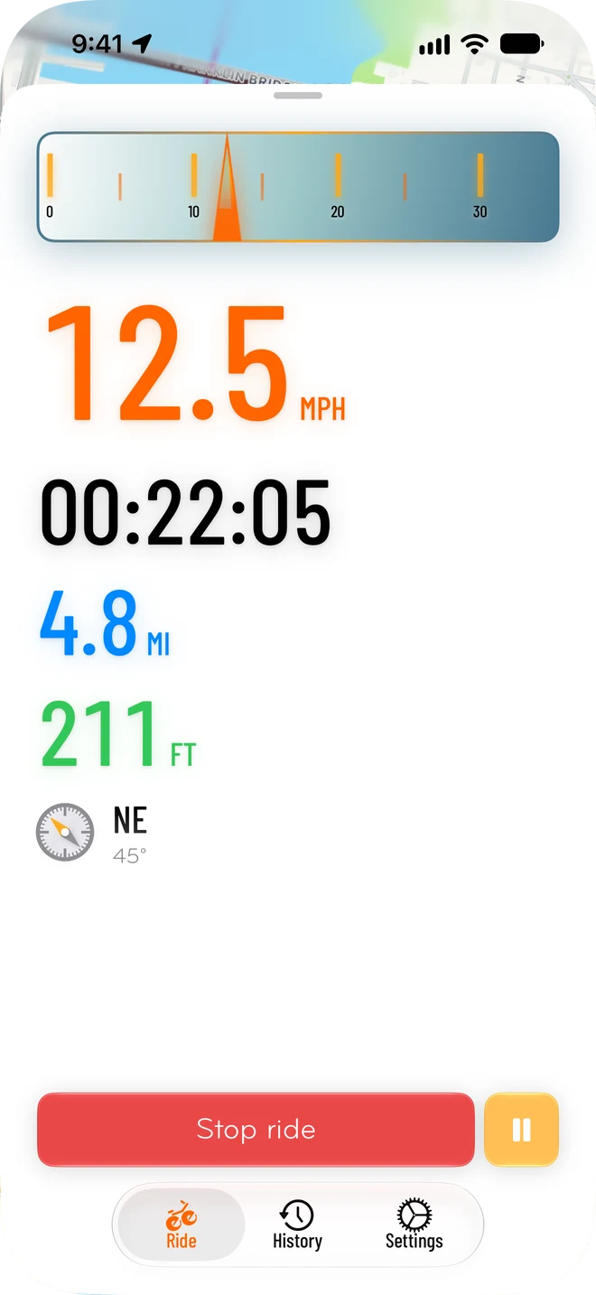 Wheelie’s full-height ride view, with speed, time, distance and elevation in large type.