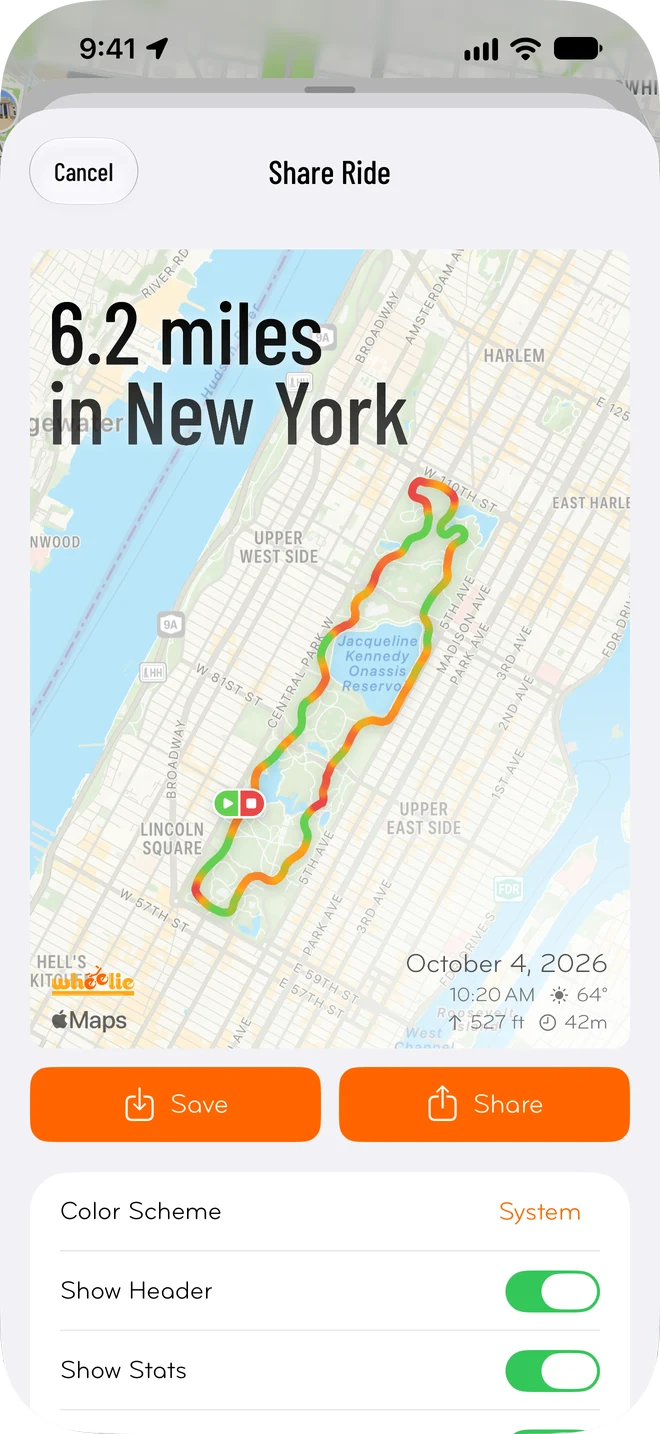 A share image of a 6.2-mile ride in New York’s Central Park.