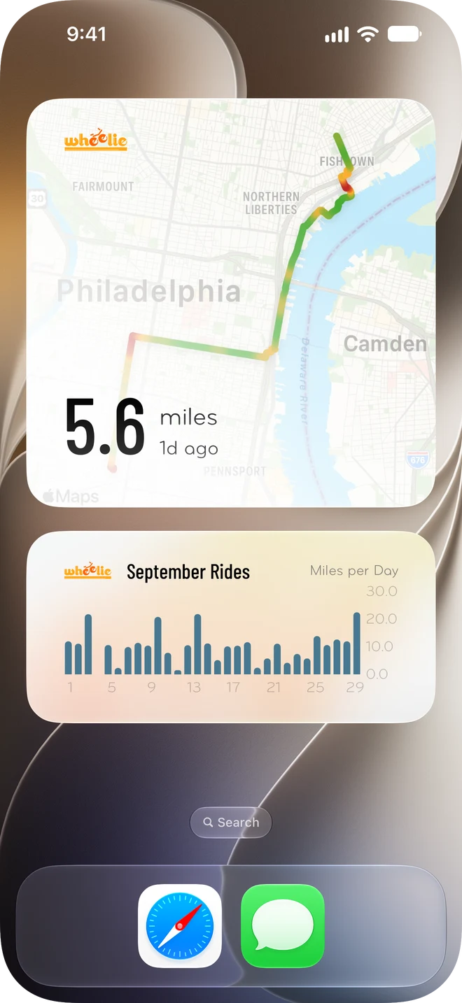 Wheelie widgets on the Home Screen: the latest ride on a map, and a chart of miles per day for the month.